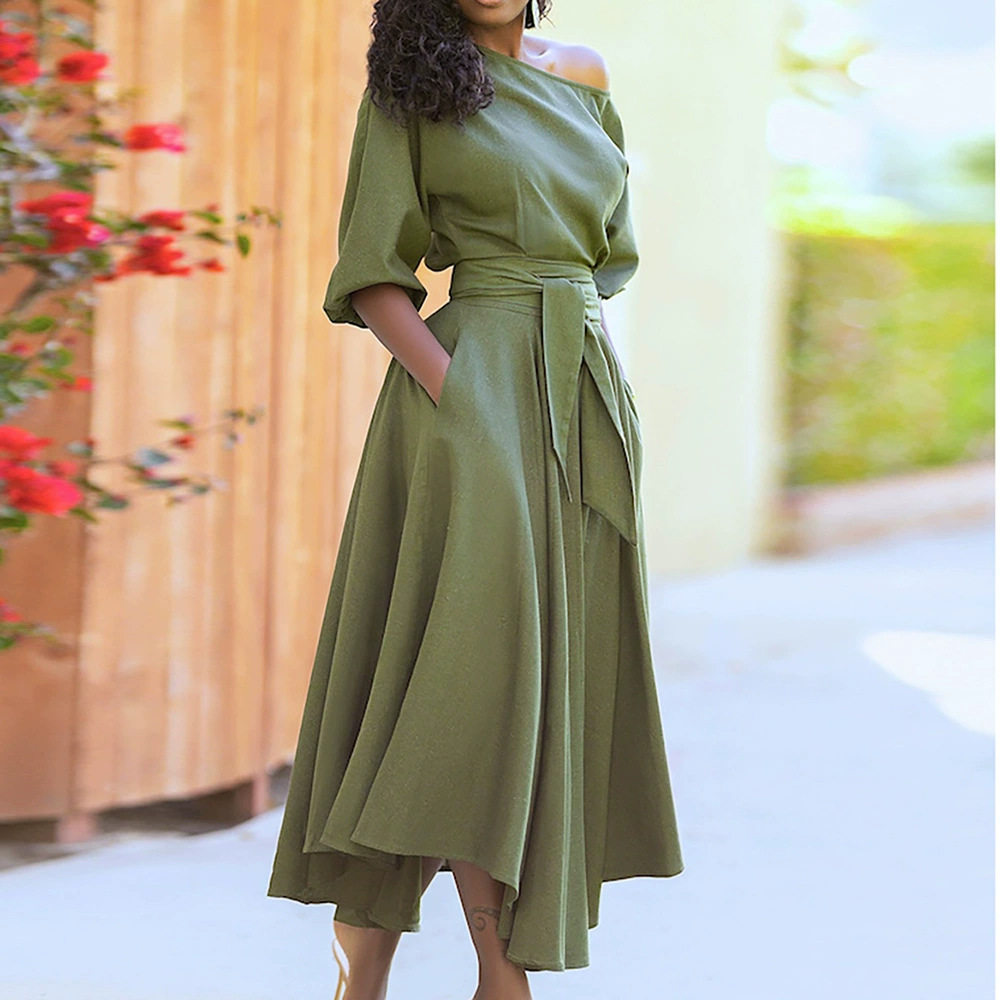 Elegant One Shoulder Tie Waist Long Sleeve Dress Solid Color Spring Collection Womens Fashion Wholesale Available