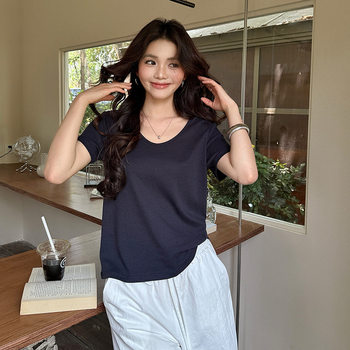 Morishima Tencel Linen Base Shirt Women's 2025 Spring and Summer Lyocell Goose Egg Collar T-shirt Skin-friendly Slim-fit Slimming Short-sleeve