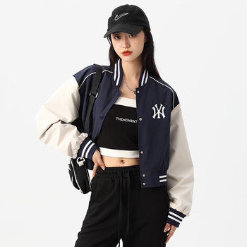 MFMLBNY Baseball Uniform Women's Short Spring and Autumn Trendy Versatile Jacket MLB NY American Retro Contrast Color Jacket