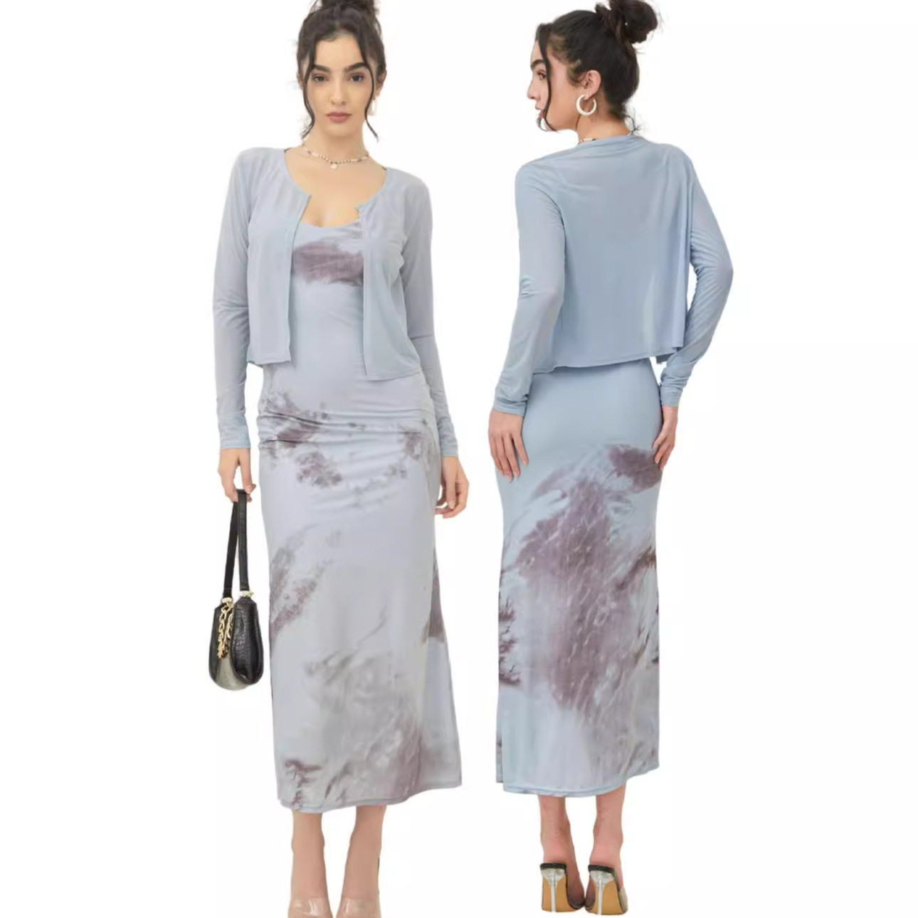 French Style Fishtail Dress Set Elegant Slim Fit Adjustable Spaghetti Straps Cardigan Included Perfect for Autumn