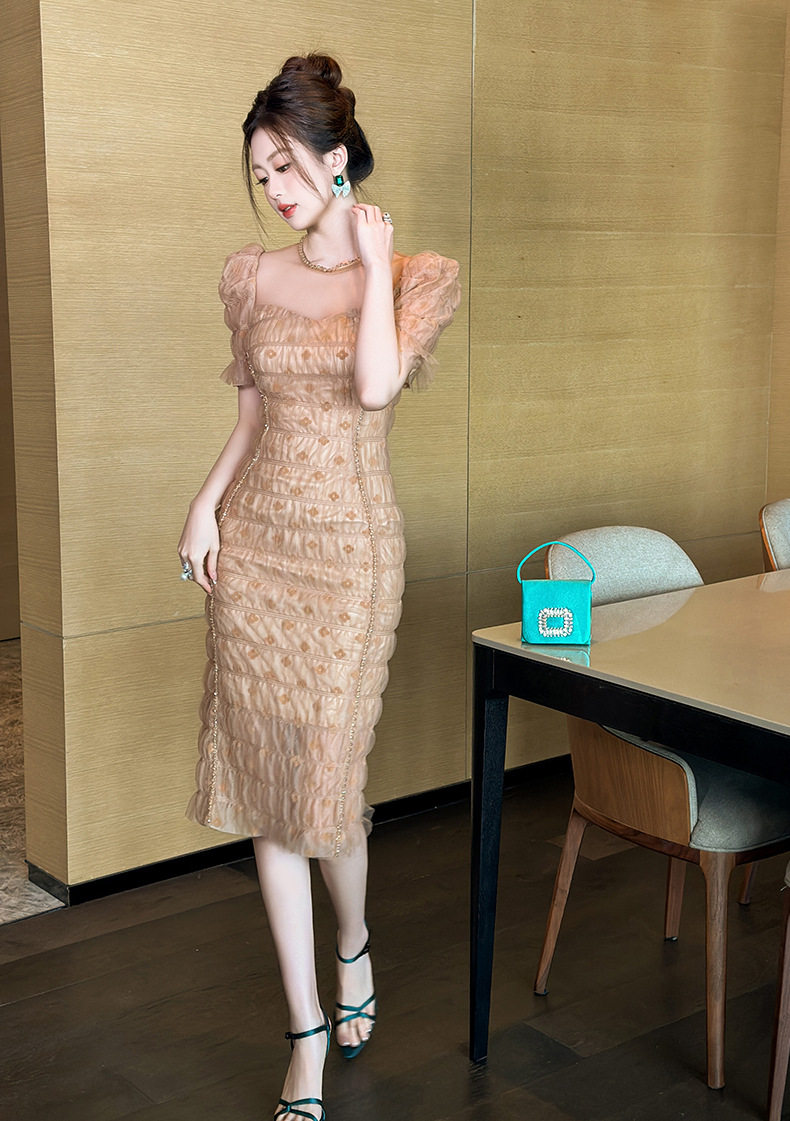 Đầm ôm body nữ tay bồng chất vải tulle xòe nhẹ — [Cam Huyền Ảo] chi tiết 10