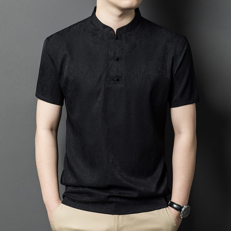 &Aacute;o Thun Tay Ngắn Nam Trung Ni&ecirc;n Lụa Tơ Tằm Cổ Trụ Phong C&aacute;ch Trung Hoa M&agrave;u Đen, Trắng