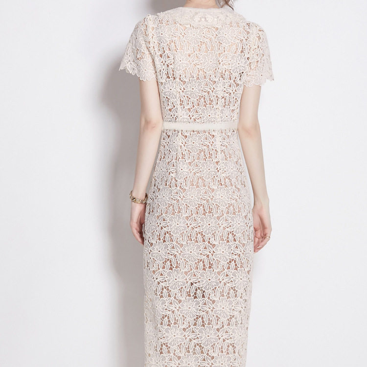 Chic Summer Dress for Women Doll Collar Short Sleeve Beaded Slim Fit Lace Detailing Perfect for Parties and