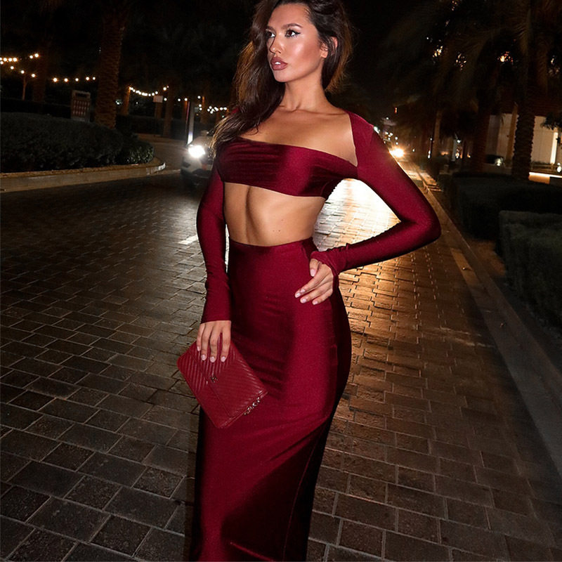 Chic Two Piece Set Strapless Crop Top Long Sleeve High Waist Bodycon Skirt Evening Wear Party Outfit Wholesale