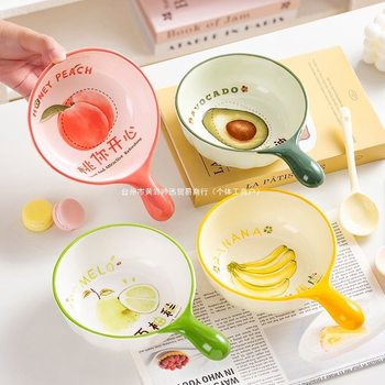 High-Looking Ceramic Bowl with Handle, Underglaze Color Household Eating, Soup, Dessert and Snack Bowl, Anti-Scalding and High Temperature Resistance