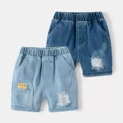 Trendy Style Ripped Summer New Denim Shorts Casual Letter Kidsren's Shorts Rubber Band Mid-Waist Denim Shorts
