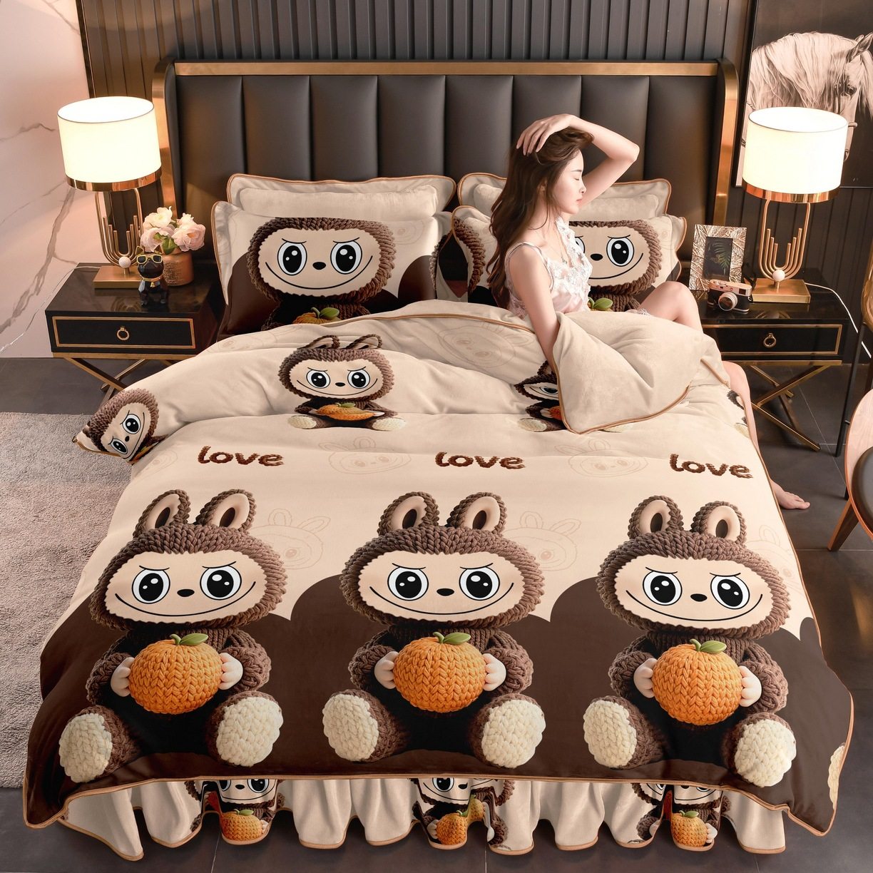 Class a Thickeneded Milk Velvet Four-Piece Autumn and Winter Cartoon Bed Skirt Quilt Cover Double-Sided Coral Velvet Bed Three-Piece Quilt Cover
