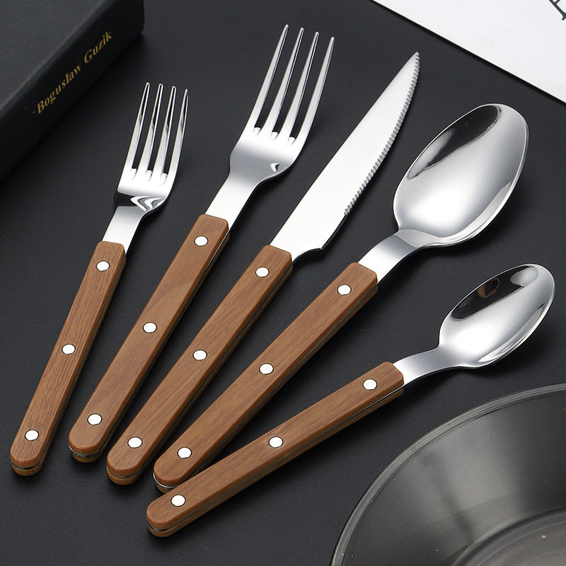 Thickened Stainless Steel Western Food Rivet Clamp Handle Knife and Fork Spoon Imitation Wood Handle French Steak Knife Five Main Parts suit