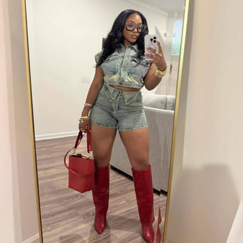 S8002 cross-border new 2025 European and American fashion leisure stretch Denim color matching slim hip shorts suit