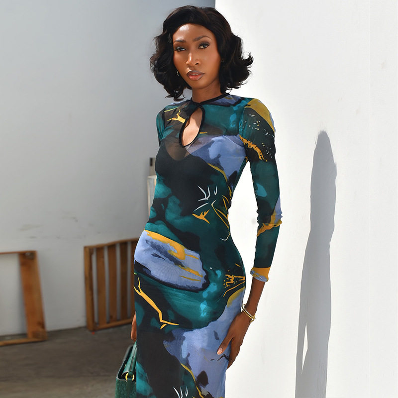 Floral Print Bodycon Dress for Women Slim Fit Long Sleeve Elegant Style Perfect for Parties and Special Occasions