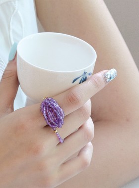 新中式禅意复古时尚多层紫水晶串珠戒指女轻奢小众925银戒子指环