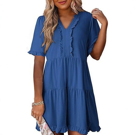 Loose Fit V Neck Short Sleeve Dress Solid Color Ruffle Hem Spring Summer Style Wholesale Available