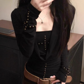American-style Y2K Spice Girl Swing Collar Long-sleeved T-shirt Women's Spring and Autumn Black Slim-fit Rivet Top Stacked Tube Top Two-piece Suit