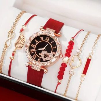 Europe and the United States cross-border new ladies diamond dial belt quartz watch beaded bracelet suit in stock 6 pcs/set