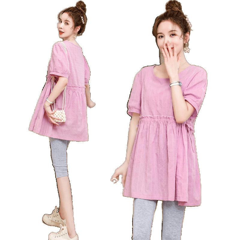 Plus Size Fat mm Pregnant Women Fashion Style 2025 New Waist Loose Slimming Look Casual Short-Sleeved Summer Tops Trendy Moms