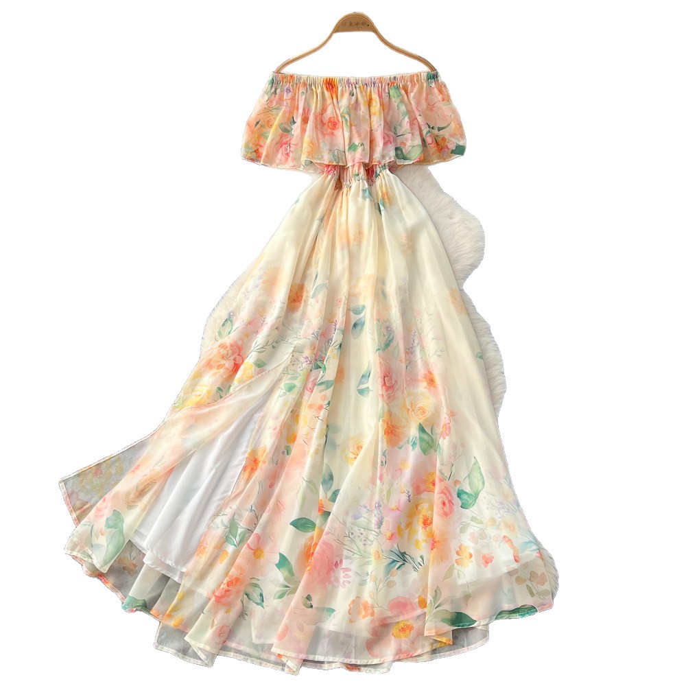 Off Shoulder Ruffle Hem Floral Maxi Dress High Waist Slim Fit Elegant Spring Summer Vacation Style Wholesale