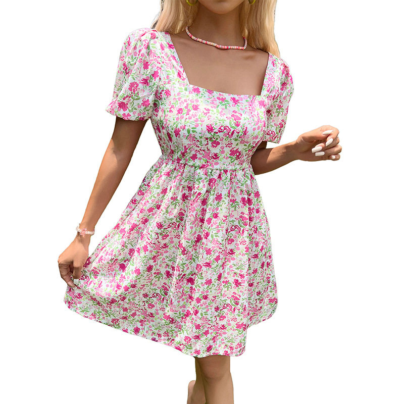 Summer Floral Print Dress Sweet Puff Sleeves Square Neckline Lightweight Fabric Perfect for Casual Outings