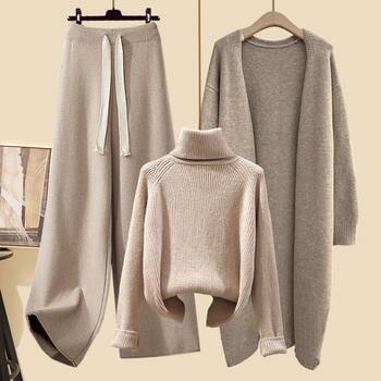 2024 New Autumn suit Women's Lazy Style Cardigan Jacket with Slim Sweater Wide Leg Pants Three-Piece Set for Women