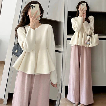 Maternity Sweater Knitted to Cover the Belly and Look Slimming, Cashmere Wide-Leg Pants Two-Piece Set