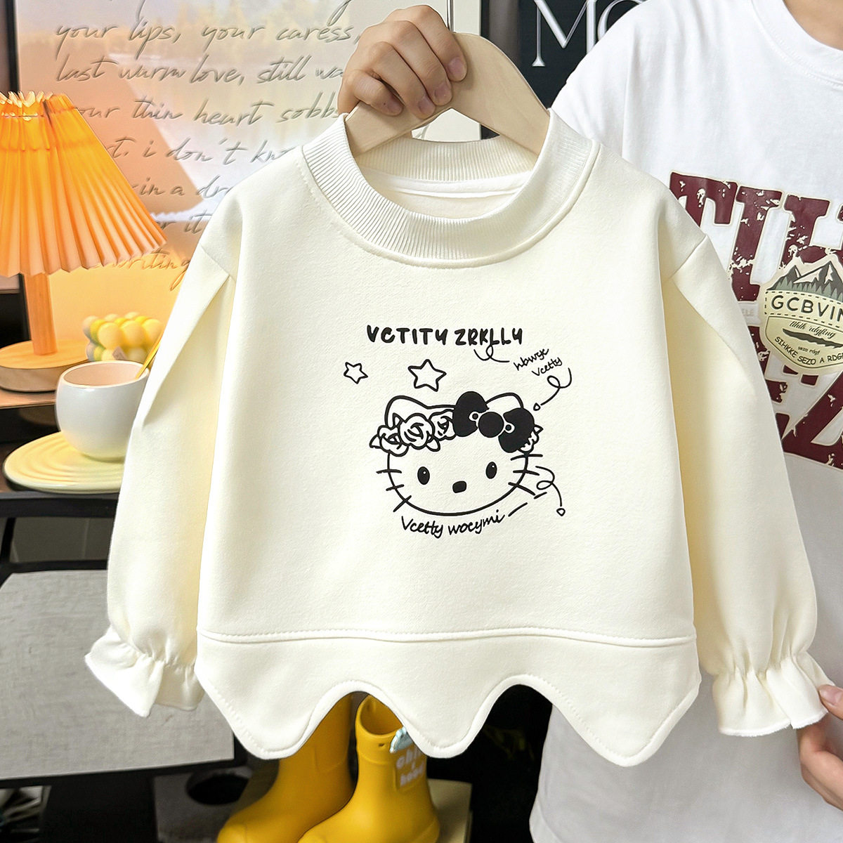 Girls' Autumn Crew Neck Hoodie, Wave Hem Solid Color Pullover, Spring & Autumn Casual Hoodie