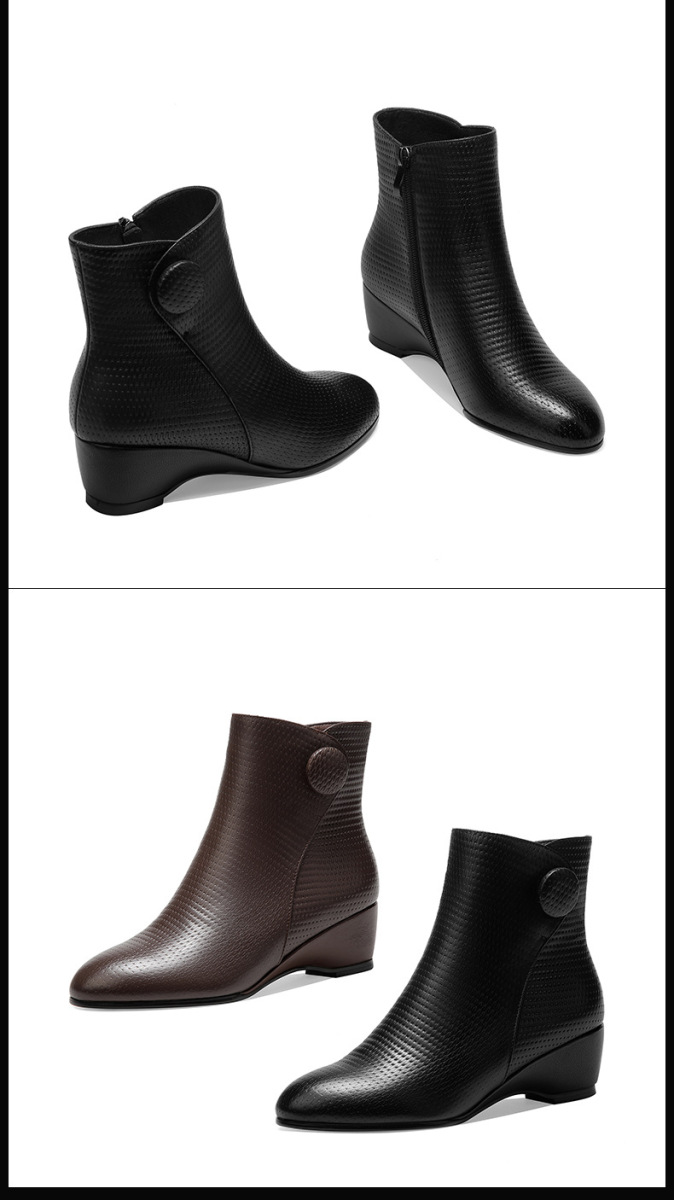 Boot nữ cổ thấp gót dốc mềm da PU khóa kéo bên mũi tròn tôn dáng — Màu đen, Màu nâu