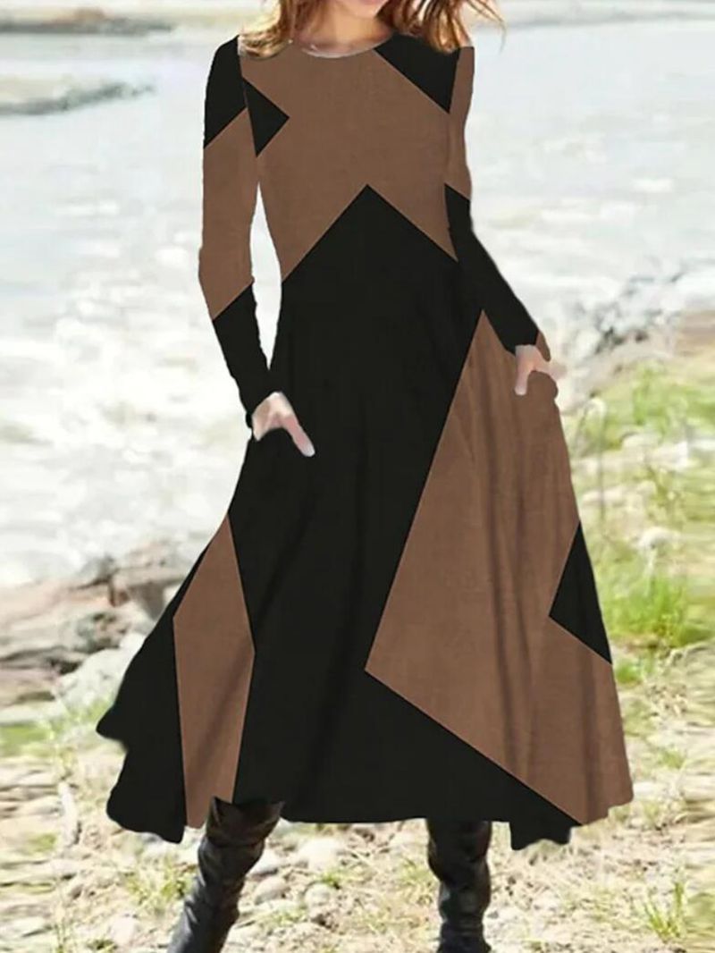 Long Sleeve A Line Dress with Pockets and Geometric Pattern for Fall Winter in Gray Red Blue Khaki