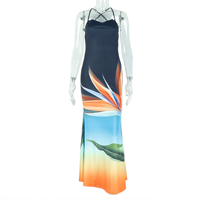 Elegant Abstract Print Maxi Dress Sexy Backless Mid Waist Bodycon Fit Perfect for Parties and Special Occasions