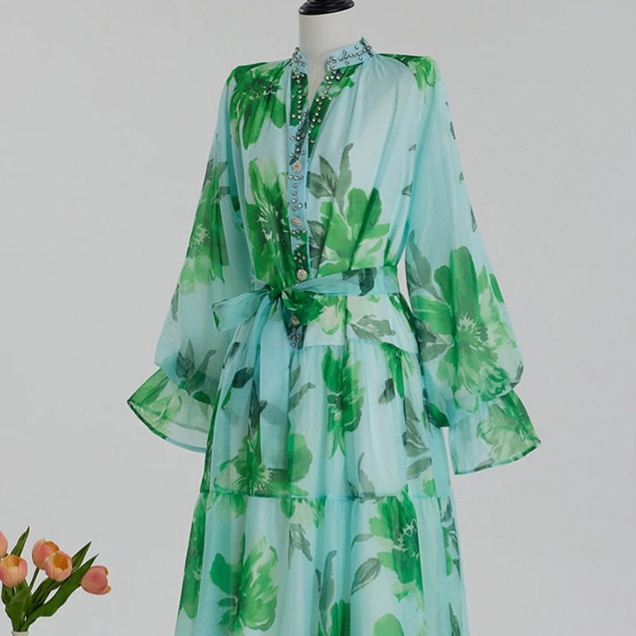Fashionable Printed Patchwork Dress with Rhinestones Unique European Designer Style Perfect for Parties and Special