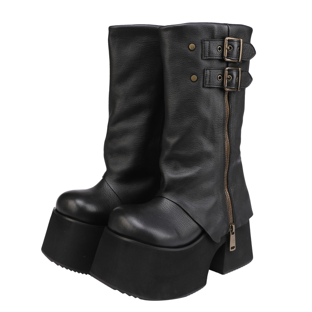 Boot nữ cổ cao da bò thật đế dày gót nêm khóa kéo bên — màu đen, màu nâu