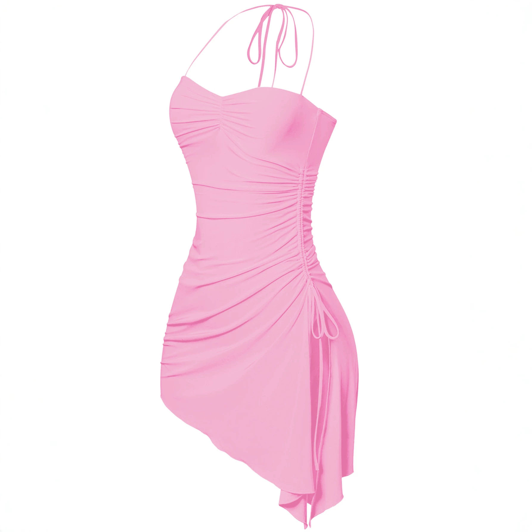 Halter Neck Ruched Bodycon Dress Side Slit Irregular Hem Slim Fit Night Out Party Wear Wholesale Available