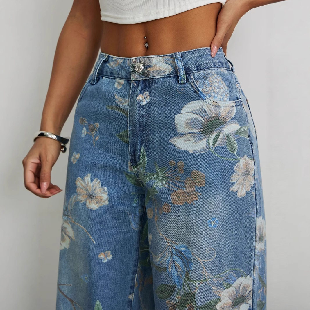 Loose Fit Wide Leg Jeans Printed Denim Street Style Casual Wear Ready to Ship Wholesale Available