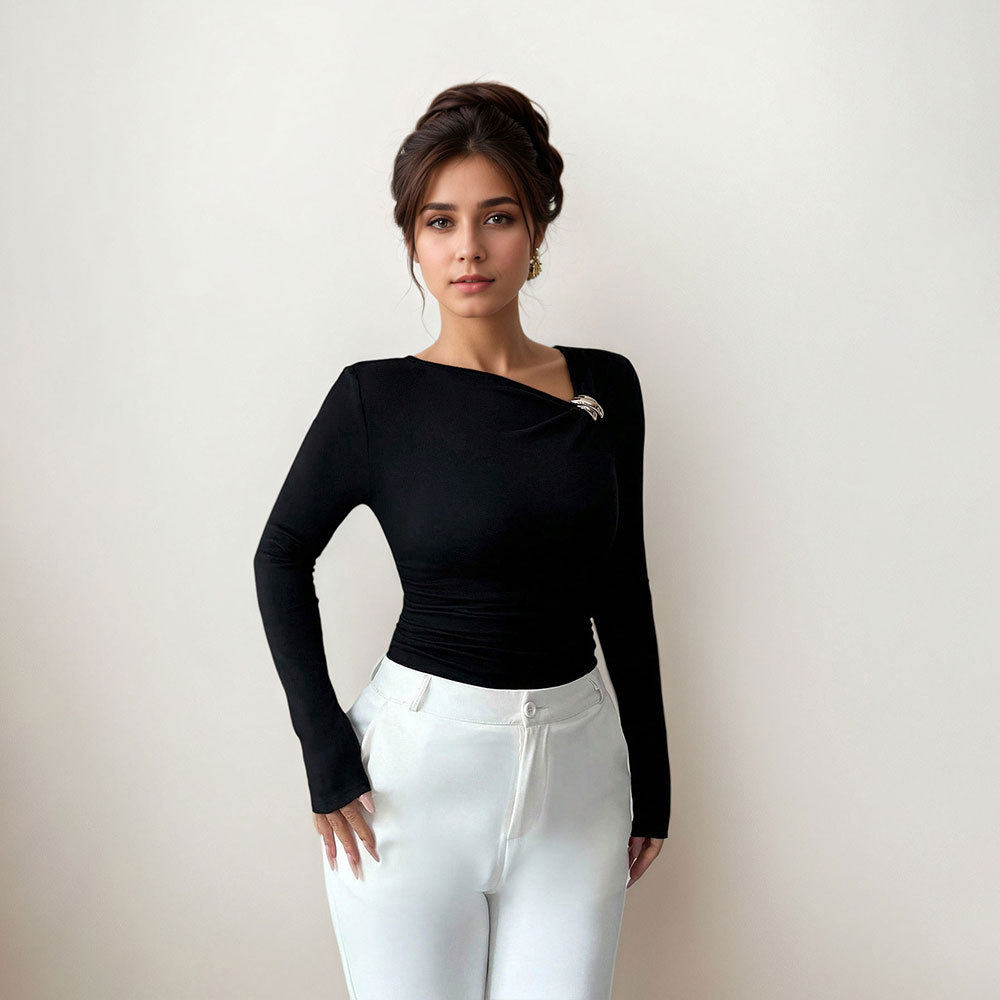 Asymmetrical Neck Long Sleeve Blouse Pleated Design Slim Fit Elegant Style Perfect for Spring and Autumn Wholesale