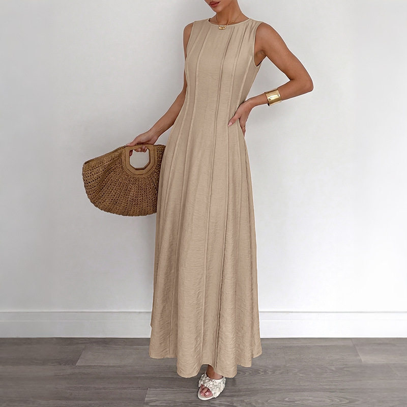 Sleeveless A Line Dress Solid Color Waist Defining Minimalist Design Summer Casual Wear Wholesale Available