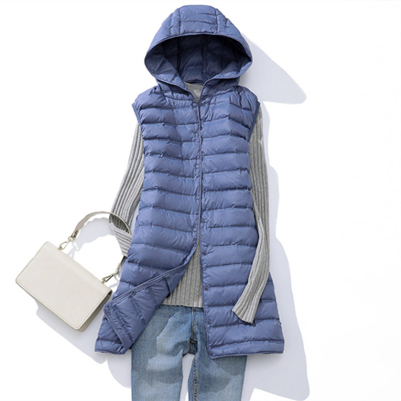 Cross-border supply Spring and Autumn New thin down jacket vest Women's Mid-length hooded seamless adhesive slim fit manufacturer batch
