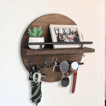 Cross-border Wooden Wall Shelf Living Room Wall-mounted Hook Background Wall Decorative Shelf Entrance Key Storage Rack