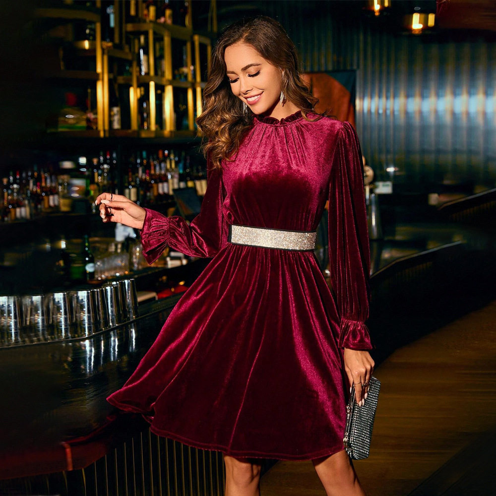 Velvet Party Dress Elegant A Line Silhouette Half High Neck Waist Defining Comfortable Fit Perfect for Evening