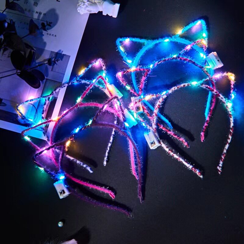 跨境热卖14灯毛毛兔耳朵发光发箍地推金丝羽毛猫耳朵发光头箍玩具