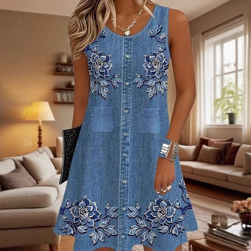 Summer Womens Denim Look Dress Floral Print Sleeveless Round Neck Casual Wear for Outdoor Events OEM Available