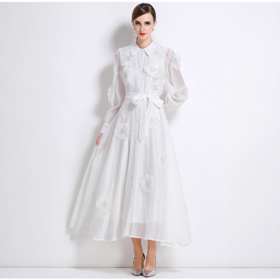 French High End Beaded Floral Long Sleeve Dress Slim Fit Waist Tie Button Closure Autumn Fashion for Women
