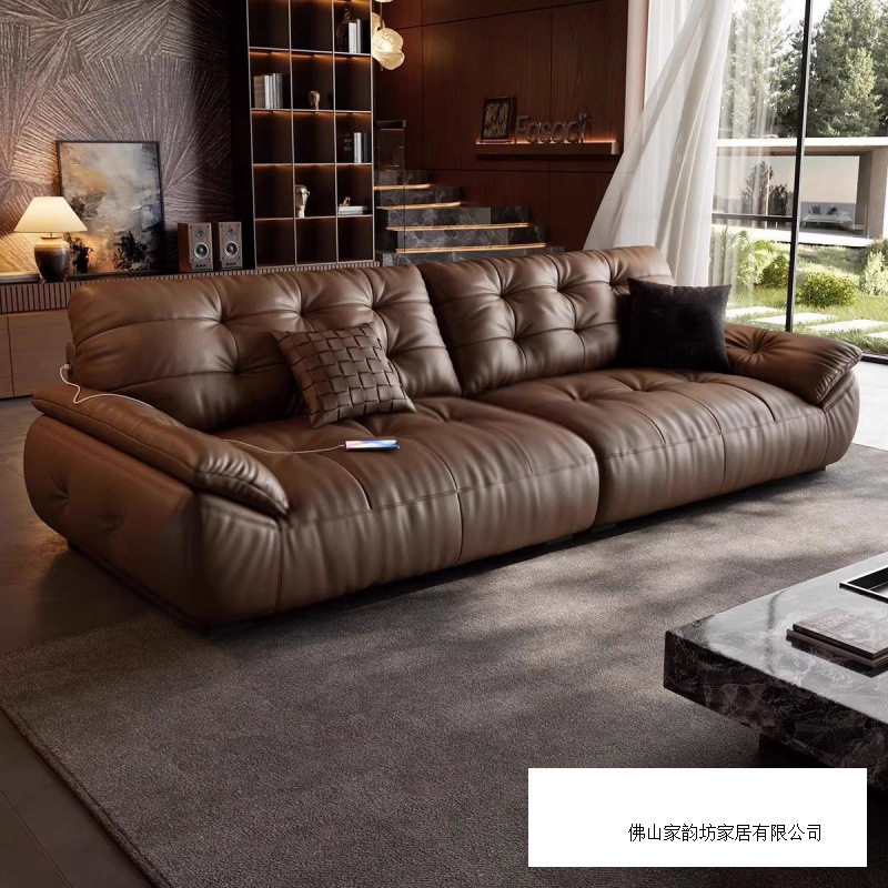 云朵真皮沙发三人直排头层牛皮意式极简现代客厅黑色中古大小户型
