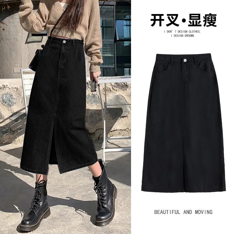 A Line High Waisted Denim Midi Skirt Black Split Design Loose Fit Flattering for Curvy Figures Perfect for Spring