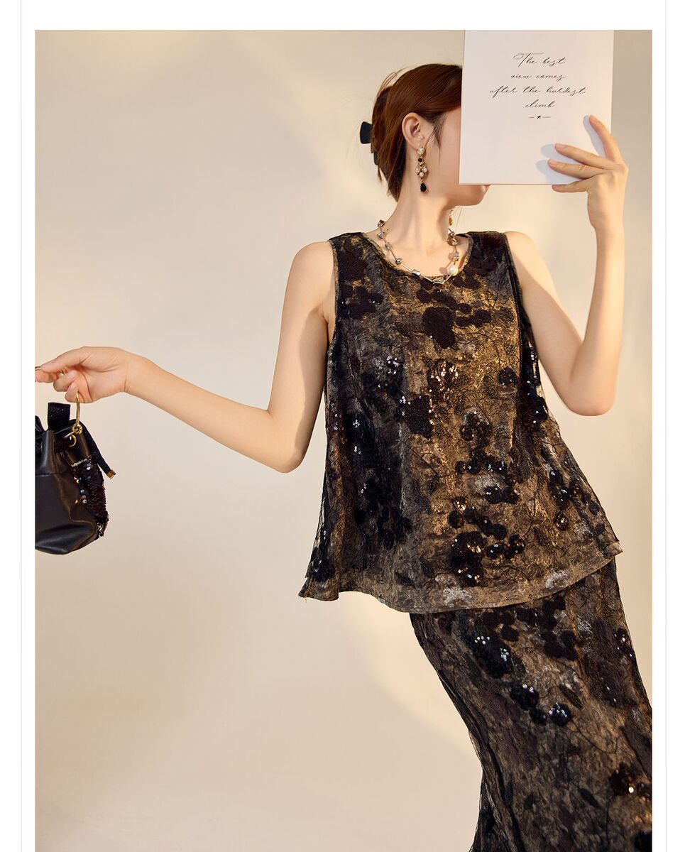 Set áo gilê và chân váy dài thêu hoa đính cườm nữ — Gi lê màu trắng be, Gilê đen cao cấp, Chân váy đen cao cấp, Chân váy màu trắng be