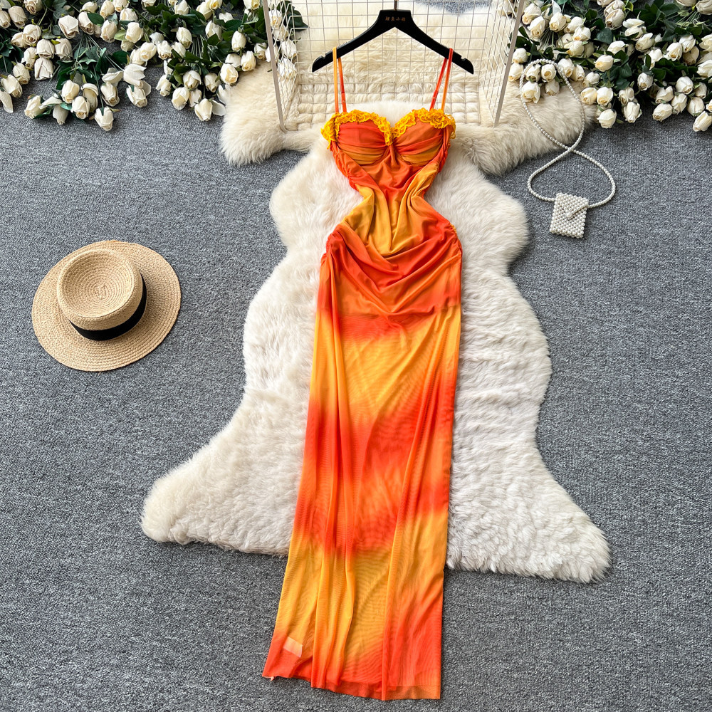 V Neck Chiffon Maxi Dress Orange Gradient Sleeveless Slim Fit Elegant Style Perfect for Summer Vacations