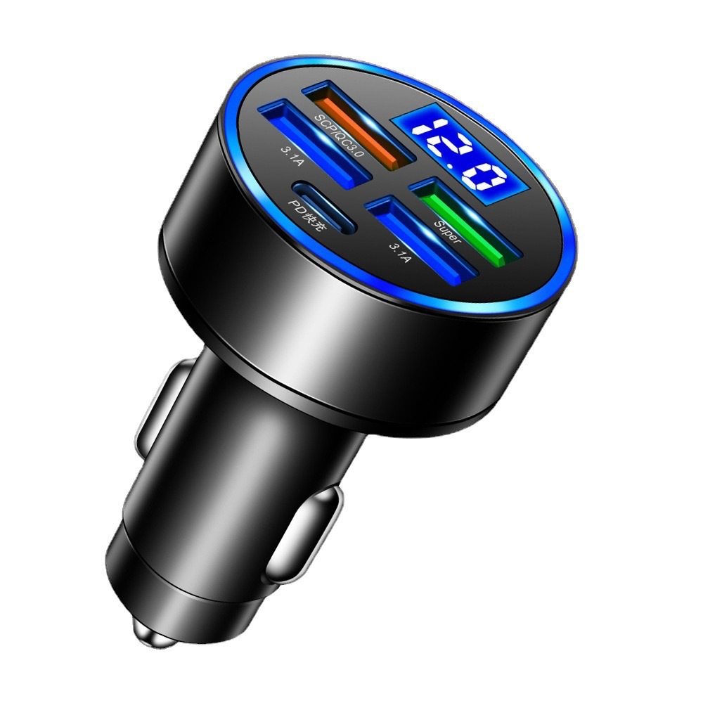 Car charger 5-port support super fast charging with digital display 5 in 1 1-drag 5-port with voltage car charger wholesale