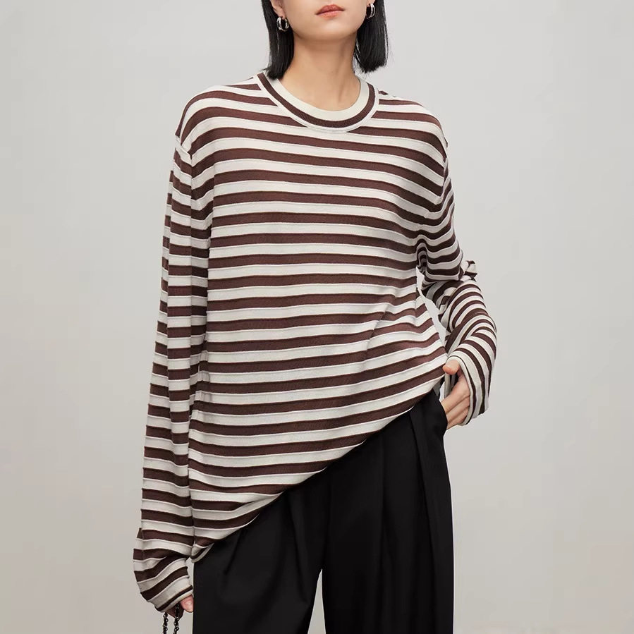 進口chao细美丽诺羊毛 爆款条纹针织衫长袖打底衫上衣