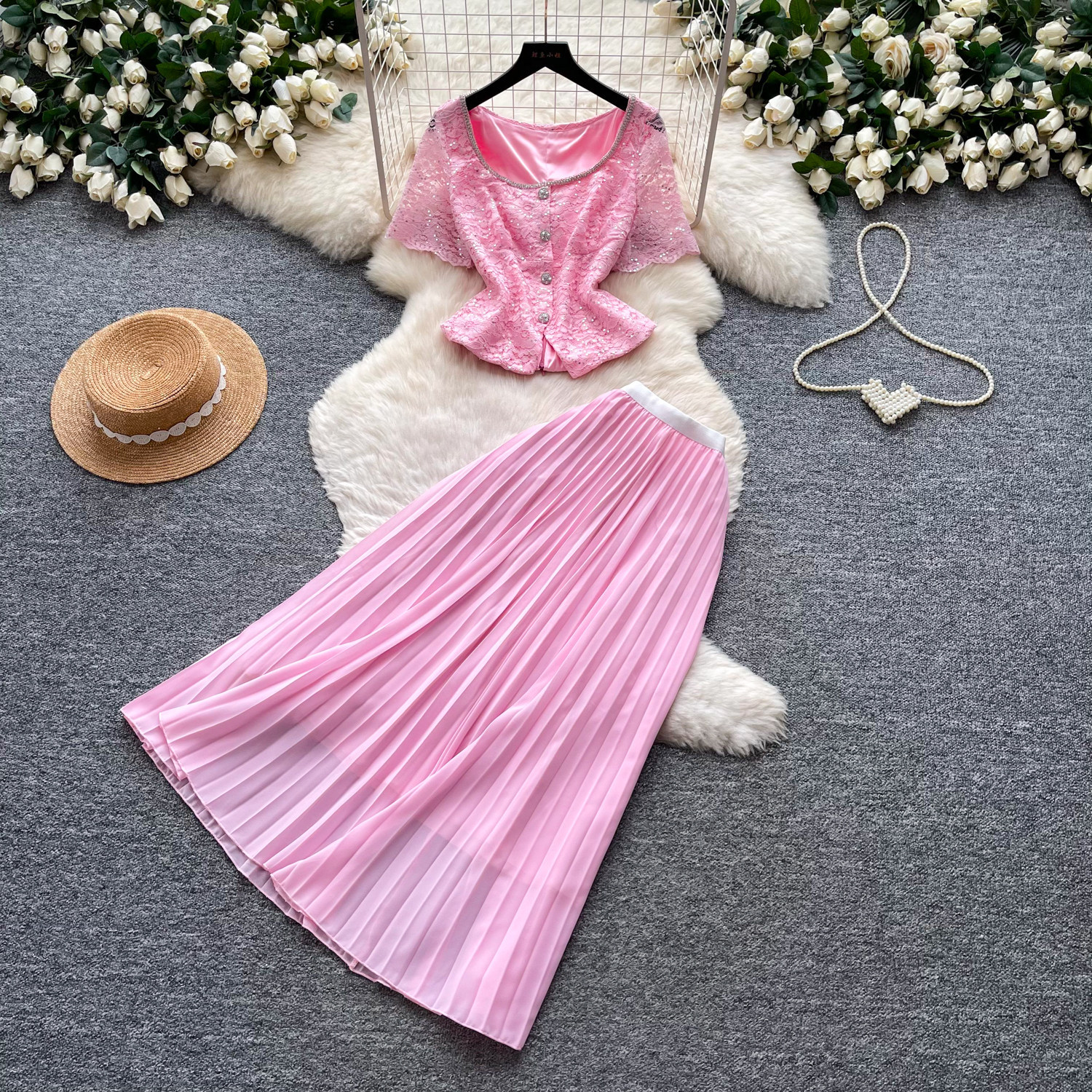 Lace V Neck Tank Top and High Waisted Pleated Skirt Set Elegant Soft French Style Summer Fashion for Women Wholesale