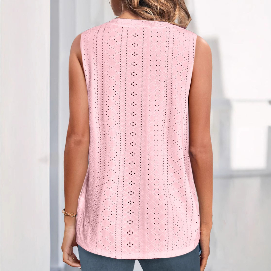 Womens Summer V Neck T Shirt Solid Color Hollow Out Design Lightweight Fabric Casual Wear Wholesale Available