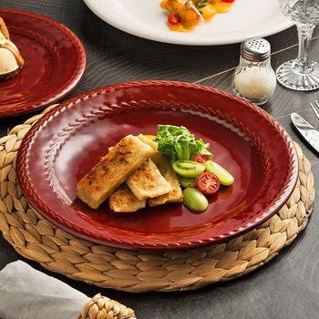 Japanese Flat Plate Red Steak Dinner Plate High-End Hotel Restaurant Ceramic Serving Plate Home Retro Underglaze Color Plate