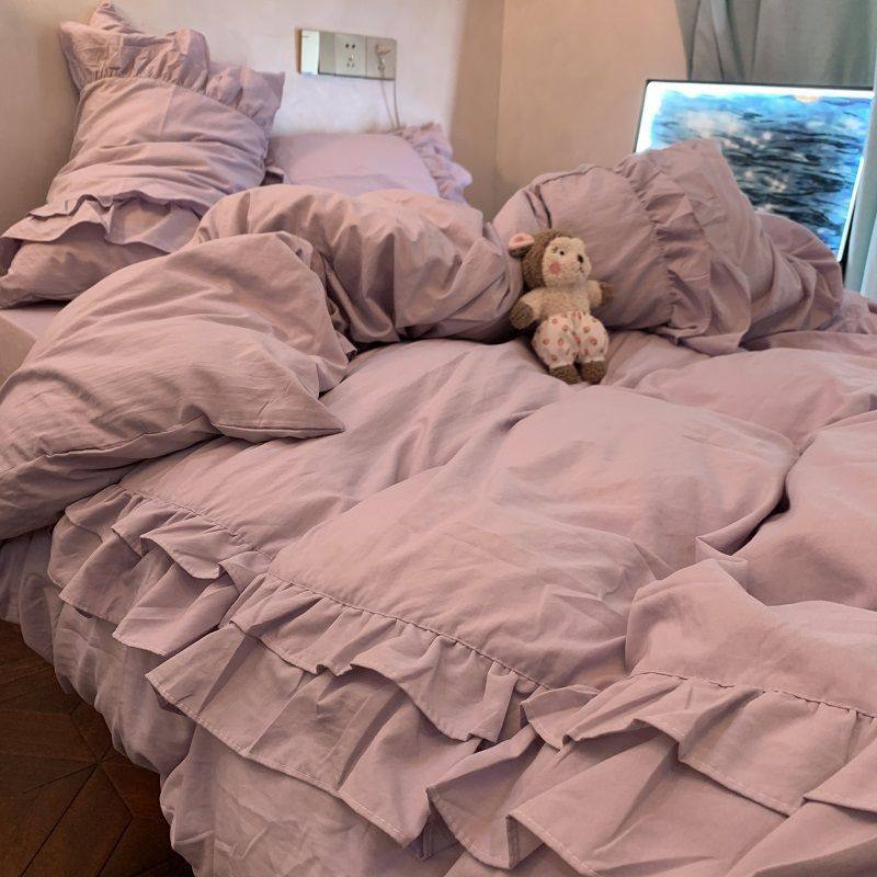 Princess Style Purple Lotus Leaf Lace Quilt Cover Four-Piece Bedding Set Washed Cotton Double Bed Sheets Dormitory Three-Piece Set