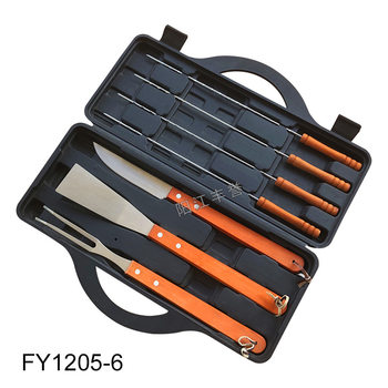 Supply 6-piece rubber box rotisserie suit small size wooden handle rotisserie fork shovel clip skewers suit BBQ barbecue
